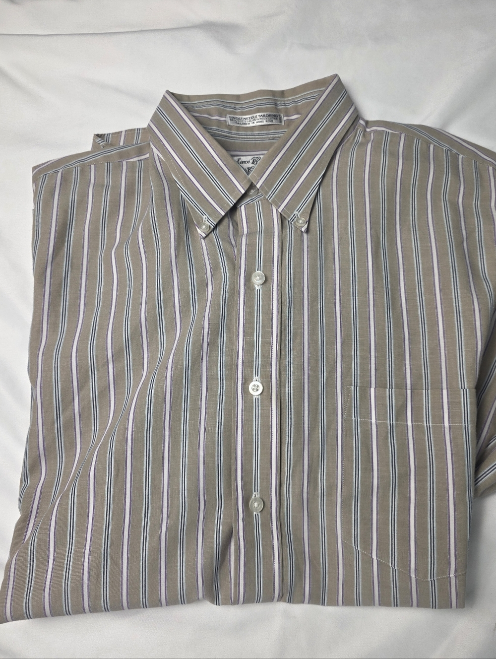 Men's Button-Down Dress Shirt Sears & Roebuck in Tan, Purple, White Stripe